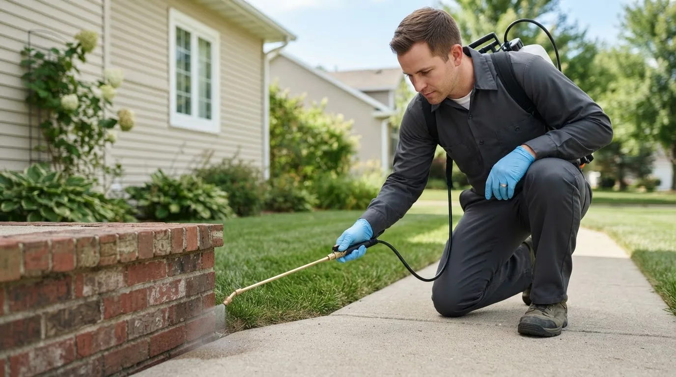 Pest control technician treating a home near Cushman, AR