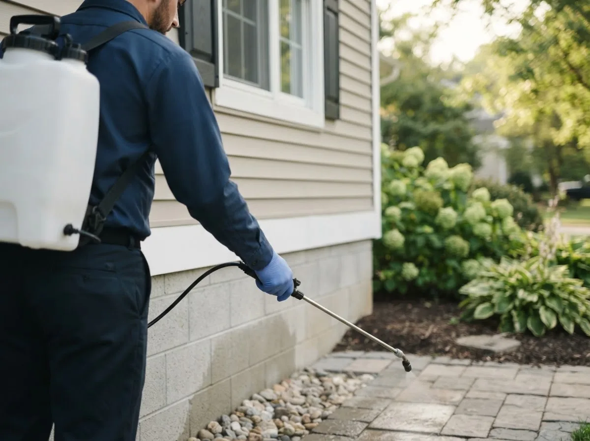 Pest control technician inspecting a home in Cushman, AR